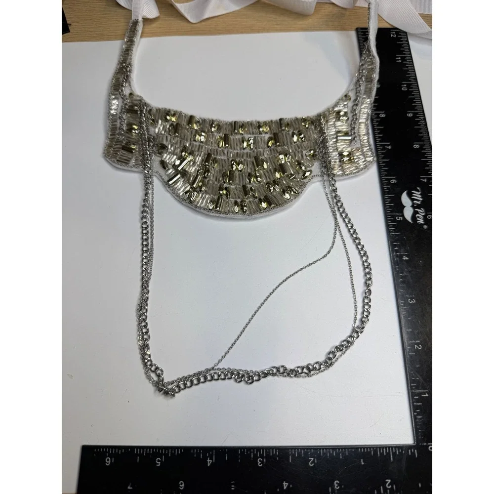 Beaded Bib Statement Necklace Silver Tone Crystal Chain Grosgrain Ribbon Tie